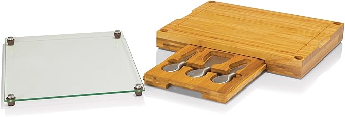 TOSCANA - a Picnic Time brand Concerto Glass Top Cheese and Knife Set - Charcuterie Set - Glass Top Cutting Board, (Bamboo)