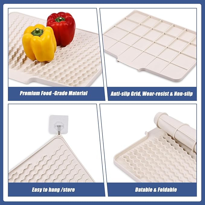 Silicone Dish Drying Mat for Kitchen Counter, Heat-resistant Dish Dryer Mat with Built-in Drain Lip ,Drain Pad Protects Surfaces Prevents Water Build UP (23.6" x 15.7", Ivory-1pcs)