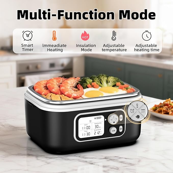 Cordless Electric Heated Lunch Box for Adults, XL 6.3-Cups Rechargeable Battery Powered Smart Self Heating Lunchbox for Men Women, 100W Food Warmer for Trucks Driver Travel Office Worker