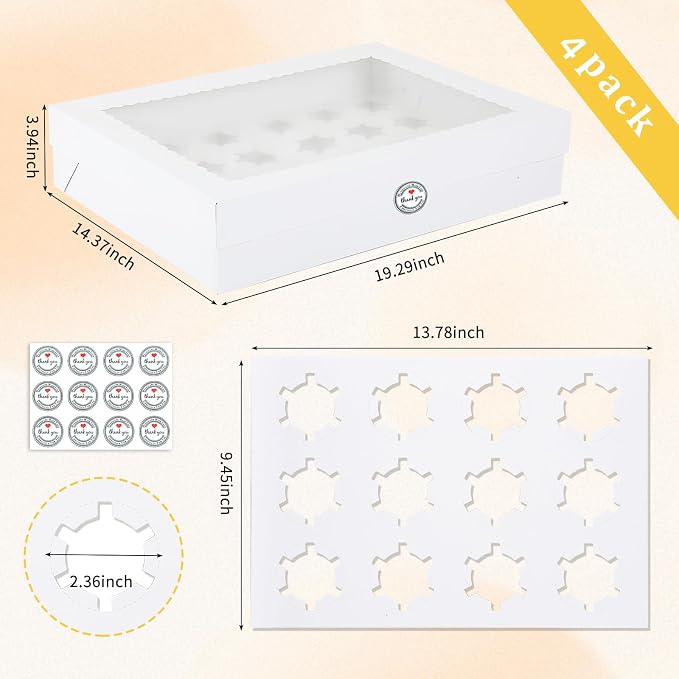 24 Count Cupcake Box, 4 Pack Cupcake Containers with Windows and Inserts, Disposable Cupcake Carriers for Muffins, Treats, Pastries,Mother's Day 19 x 14 x 3.9 Inches (White, 24Count /4Pcs)