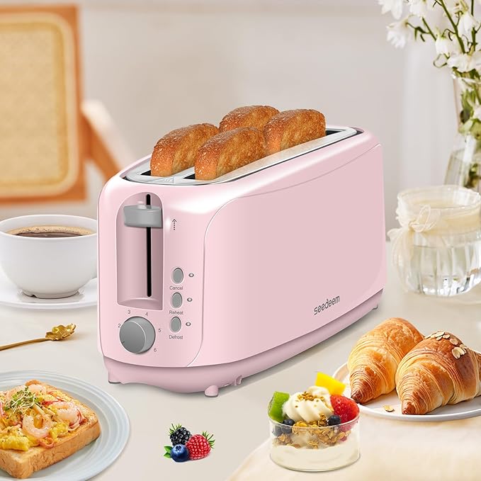 SEEDEEM 4 Slice Toaster, Extra Wide Slots Bread Toaster with 6 Shade Settings, Bagel/Cancel/Defrost/Reheat Functions, Removable Crumb Tray, Auto Shut-Off, Pink