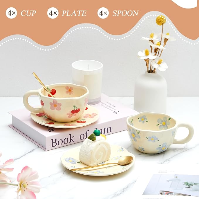 Vesici 4 Set Ceramic Coffee Mug Set with Saucer and Spoon Cute Mothers Day Gifts for Mom 8.5 oz Vintage Floral Tea Cup Aesthetic Mug Gift for Women, Dishwasher and Microwave Safe (Mixed Styles)