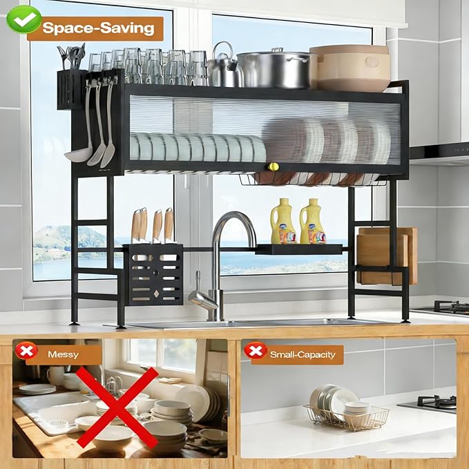 Dish Drying Rack, 3 Tier Over The Sink Dish Drainer Drying Rack, 33.5" Over Sink Dish Rack, Space-Saving Kitchen Sink Organizer, Large Drying Rack with Cover Baskets Black