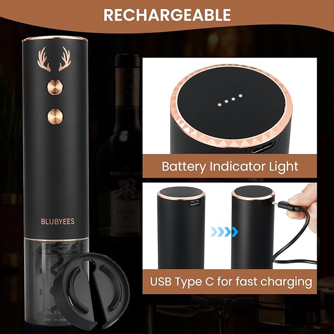 BLUBYEES 4-in-1 Rechargeable Electric Wine Opener Set - Automatic Corkscrew, Foil Cutter, Aerator Pourer, Vacuum Stopper - Wine Lovers Gifts for Women and Men