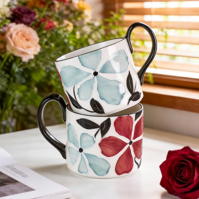 KAMMAK Ceramic Mug - Hand-Painted Coffee and Tea Mug - 400ML Vintage Breakfast Cups - Cute Mugs for Women - Ideal for Birthday - Afternoon Tea & Housewarming Gifts, GX015