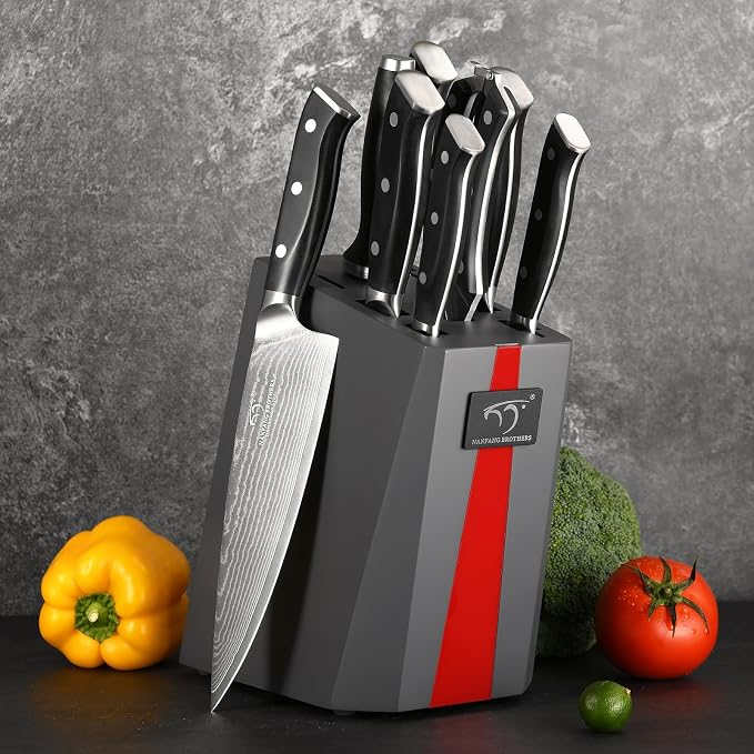 NANFANG BROTHERS Knife Set, 9 Pieces Damascus Kitchen Knife Set with Block, ABS Ergonomic Handle for Chef Knife Set, Knife Sharpener and Kitchen Shears, Knife Block Set