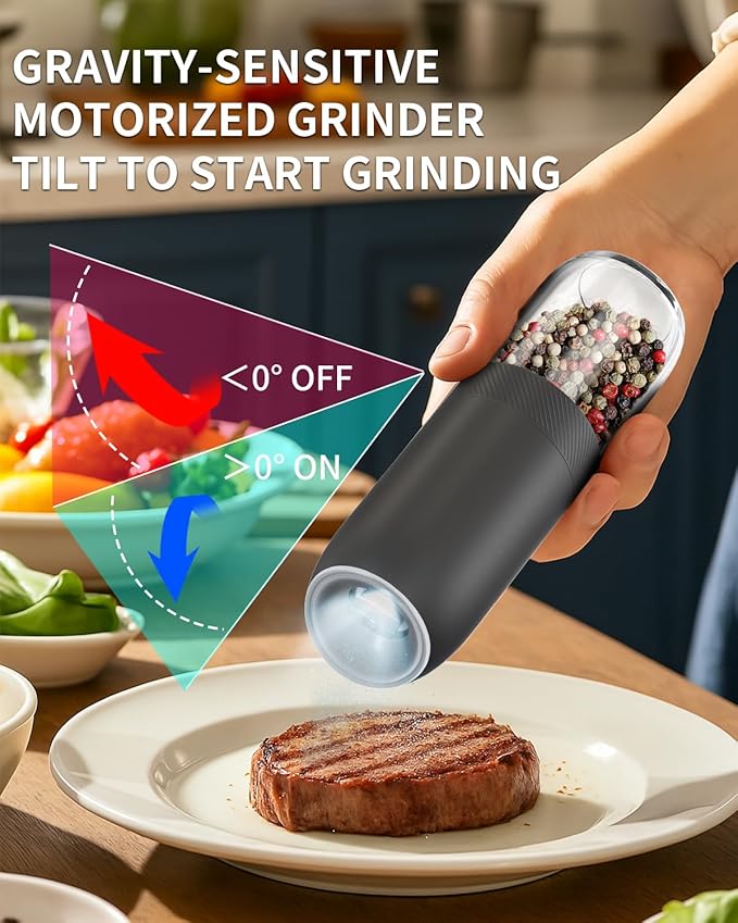 CIRCLE JOY Gravity Electric Salt and Pepper Grinder Set, Battery Powered Automatic Pepper Mills with Adjustable Coarseness, One Hand Operation, 176ml Large Container, Black - Includes 8 Batteries