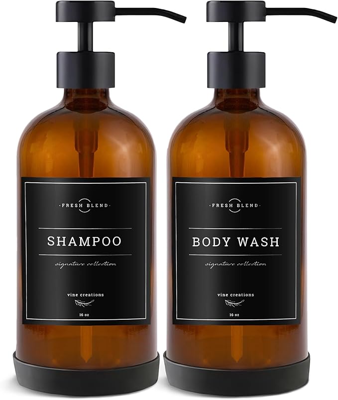 Vine Creations Amber Glass Soap Dispenser Set - Kitchen Soap Dispenser Set with Stainless Steel Pump - 16 oz Dish Soap and Hand Soap Dispensers for Bathroom with Silicone Pad & Waterproof Labels