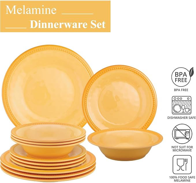 UPware 12 Piece Beaded Melamine Dinnerware Sets, Outdoor Dishes Set, Plates and Bowls Sets, Service for 4, Yellow