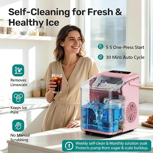 OLIXIS Countertop Ice Maker with Self-Cleaning, Portable Ice Maker Machine with Scoop, 26Lbs/24H, 9 Cubes in 6 Mins, 2 Sizes of Bullet for Home, Kitchen, Office, Pink