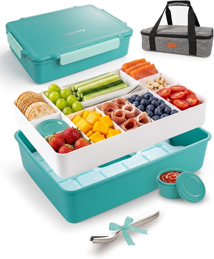 Snackle Box Container with Ice Pack, Reinforced Latches & Large Capacity, Travel Snack Box, Charcuterie Board with Lid, Divided Veggie Tray for Road Trips Picnic Boat Beach Blue