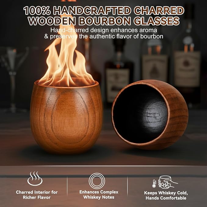 Charred Wooden Bourbon Drinking Glass Wooden Whiskey Glasses Set of 2 Complete Whiskey Gift Set Old Fashioned Glass Bourbon Gifts for Men (2 Pack Charred)