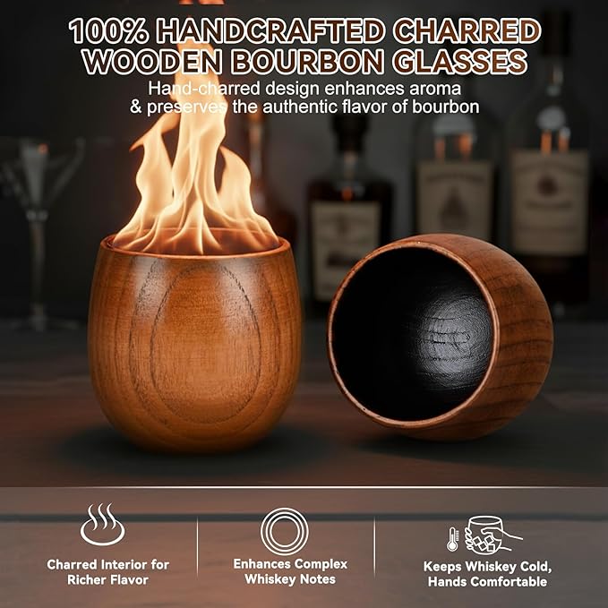 Charred Wooden Bourbon Drinking Glass Wooden Whiskey Glasses Set of 2 Complete Whiskey Gift Set Old Fashioned Glass Bourbon Gifts for Men (Gold Accents)