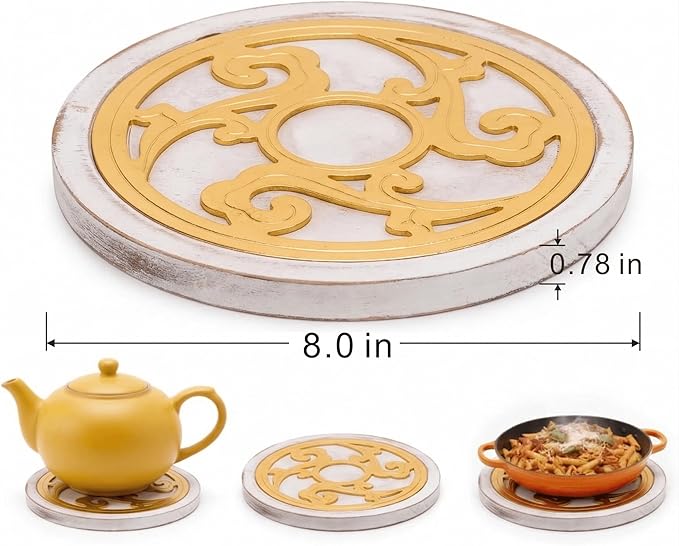 ALLCENER Trivets for Hot Dishes Set of 2, 8 Inch Boho White Washed Wood & Gold Metal Trivet, Heat Resistant Hot Pads for Kitchen Counter and Dining Table, Decorative Pot Holders