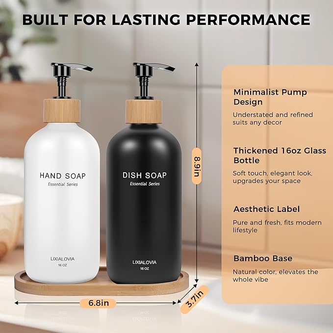 Dish and Hand Soap Dispenser Set with Tray, 16OZ Refillable Glass Bottles and Wood Pump, Double Bottle Countertop Organizer for Kitchen and Bathroom (White/Black)