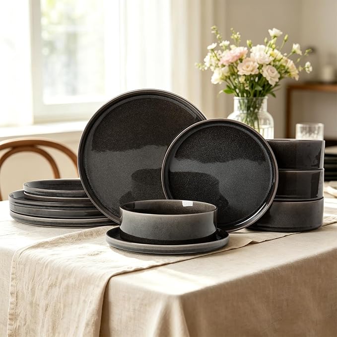 Dinnerware Sets for 4, ceramics Plates and Bowls Set, 12-Piece Modern Stoneware Dinnerware – Chip Resistant, Non-Toxic, Dishwasher and Microwave Safe Tableware, Black