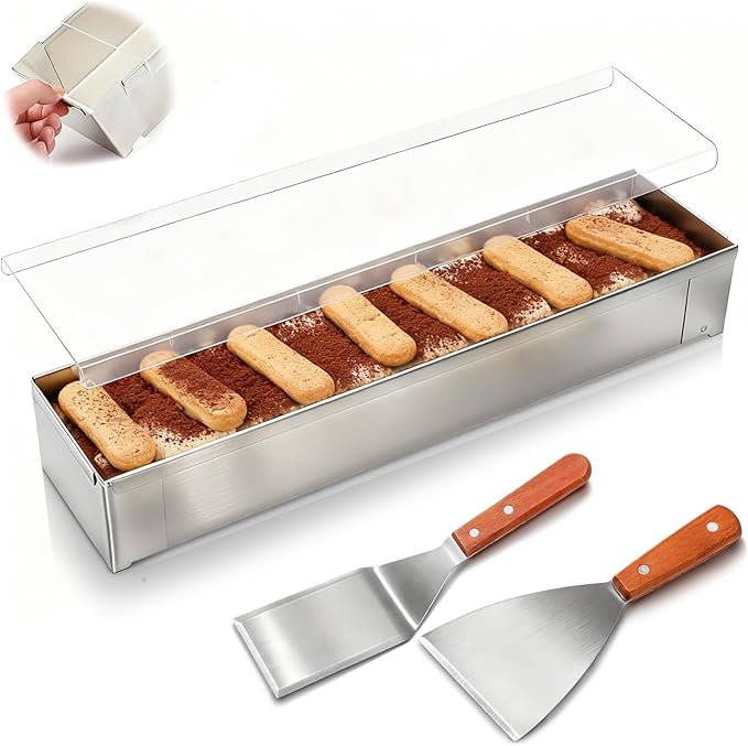 Blushtier 1 Pc Nonstick Rectangle Tiramisu Cake Pan with Acrylic Lid and 2 Metal Spatula Removable Frame 304 Stainless Steel Cake Baking Molds for Tiramisu Cheesecake Mousse (15.75x3.94x2.56 Inch)