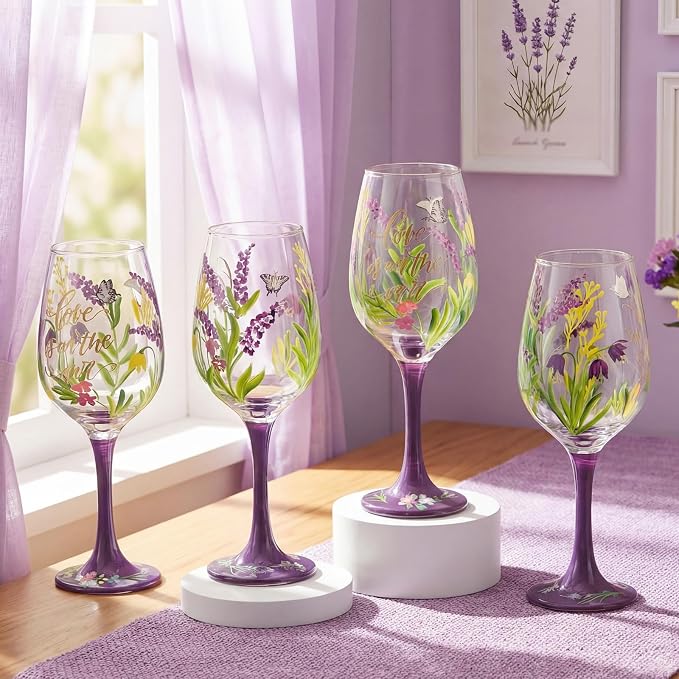 SiliFine 4 Pcs Lavender Party Stemmed Wine Glasses Hand Painted Purple Flower Butterfly Drinking Cup Wine Glasses Gifts for Women Mom Birthday Wedding Anniversary Holiday Party Supplies