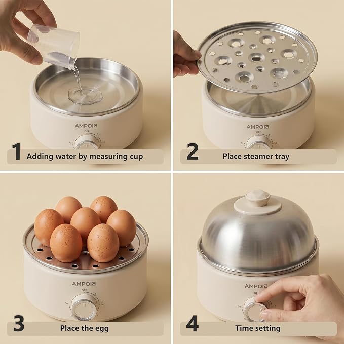 14 Eggs Electric Egg Cooker, 350W Rapid Egg Boiler with 30-Min Timer & Auto Shut-Off, Beige & White