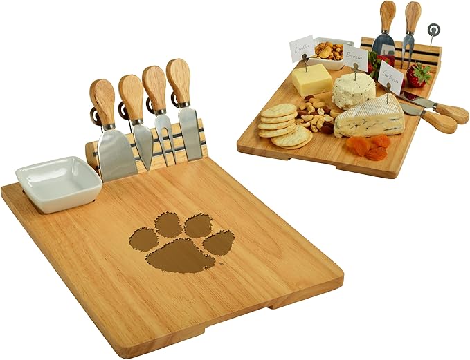 Picnic at Ascot NCAA Clemson Officially Licensed Bamboo Cheese/Charcuterie Board with Ceramic Bowl, Knife Set & cheese Markers