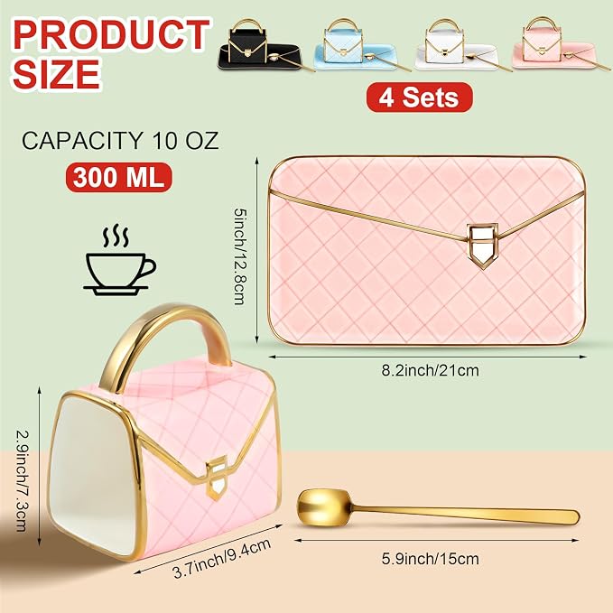Zubebe 4 Sets Coffee Mug Elegant Handbag Shaped Cup Modern Ceramic Purse Mug with Spoon and Saucer, 10oz Cute Creative Tea Cup for Woman Girls Gift (Pink,Blue,Black,White,)
