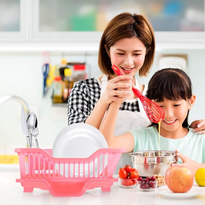 IMIKEYA Sink Dish Rack Drainer Plastic Dish Drying Draining Rack Over The Sink Kitchen Tableware Drying Basket with Cutlery Holder for Kitchen Counter Pink