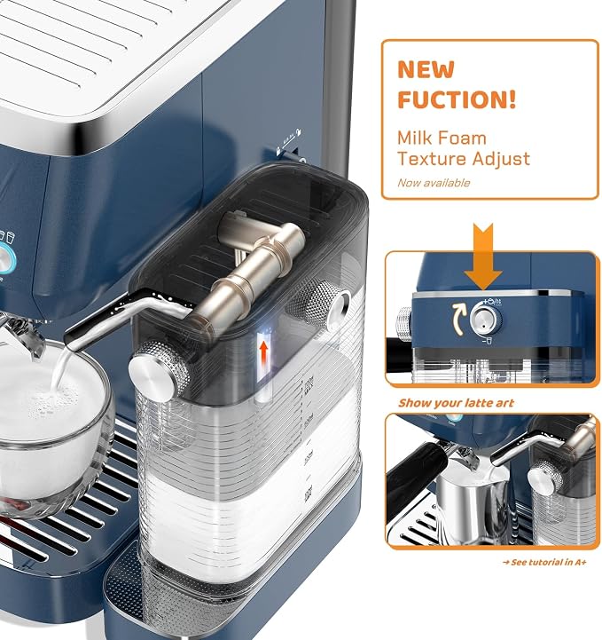MAttinata Cappuccino Machine, Espresso Machine with Automatic Milk Frother | Compact Coffee Maker, 20 Bar Italian Pump, Adjust Hot Milk Foam, Barista Latte Art, Small for Home, Stainless Steel, Blue