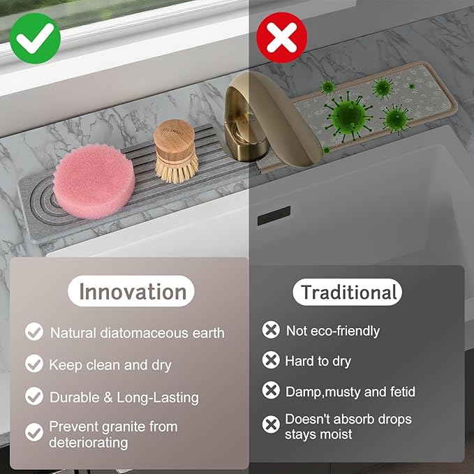 Fast Drying Stone Faucet Mat for Kitchen Sink, Diatomite Water Absorbing Stone Tray for Sink to Prevent Pooling, U-Shaped Stone Faucet Mat Fits Kitchens and Bathrooms