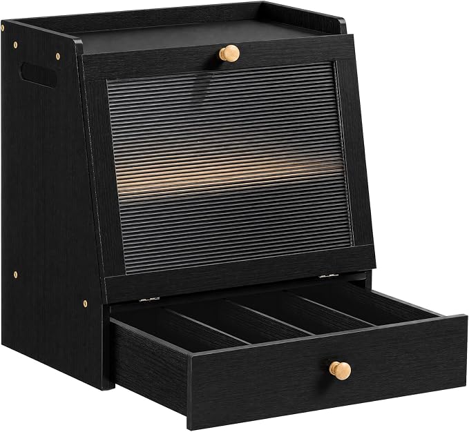 HOOBRO Bread Box, Bamboo Bread Box for Kitchen Countertop, 2-Tier Bread Storage Container with Drawer, Bamboo Food Cabinet with Acrylic Door, for Kitchen, Dining Room, Black BK21MB01