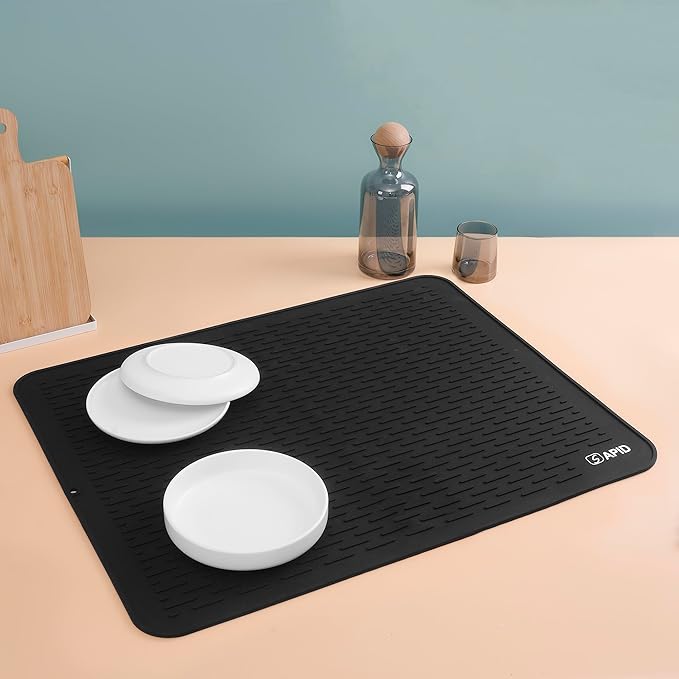 Extra Large 30 x 24 Inch Silicone Dish Drying Mat for Dish Drying Rack, Easy Clean Silicone Drying Mat for Kitchen Counter, Non-Slip Dishes Drain Mat, Heat Resistant Silicon Dish Matt, Black, SAPID