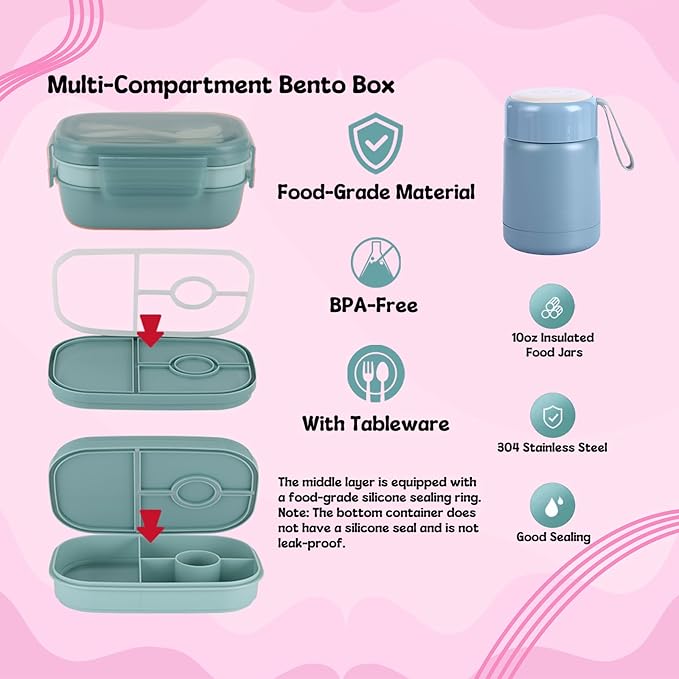 Bento Lunch Box Set for Women, with 12oz Soup Thermo, with Leak-Proof Food Containers, Insulated Lunch Bag for Girls for Travel Picnic