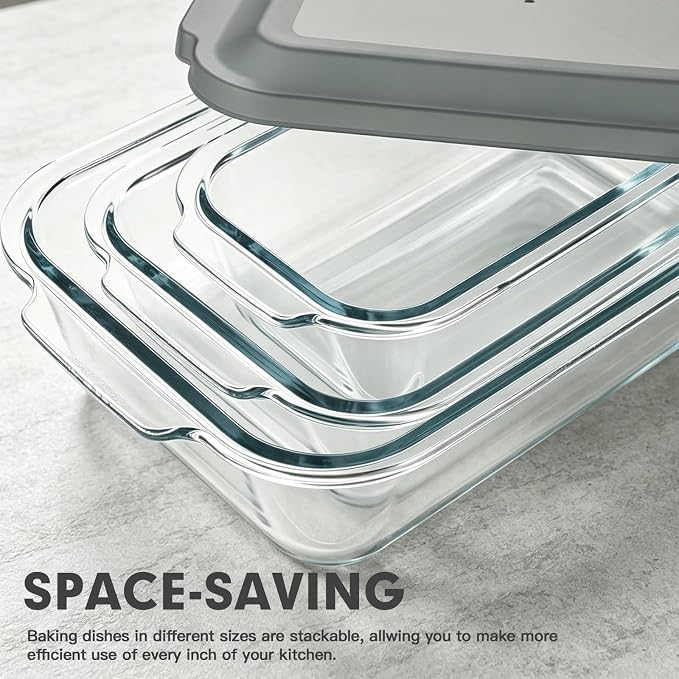 6-Piece Extra-Deep Glass Baking Dish Set with Lids, Rectangular Glass Bakeware Set, Baking Pans for Lasagna, Kitchen, Casserole Dishes for Oven, Freezer-to-Oven and Dishwasher