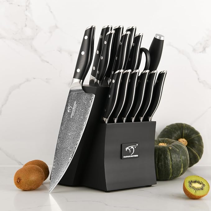 Damascus Knife Set with Block, 16-Piece VG10 67-Layer Steel Kitchen Knives | 16-piece premium Damascus kitchen knife set with VG10 steel core, 67 layers, wood block, and triple-rivet handles