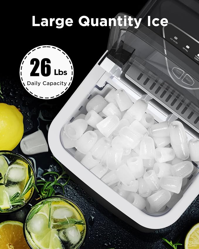 Totnz Countertop Ice Maker - Self-Cleaning Ice Machine, 26 Lbs in 24 Hrs, Compact Ice Makers with Ice Basket & Scoop, 2 Ice Sizes for Party/Dorm, Black