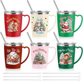 Maxcheck 6 Pcs Christmas Coffee Mugs Cups 16 oz Merry Christmas Stainless Steel Insulated Tumblers Bulk with Handle Lid Straw Brushes Red Green Xmas Tree Santa Claus Mug Gifts for Winter Holiday Party
