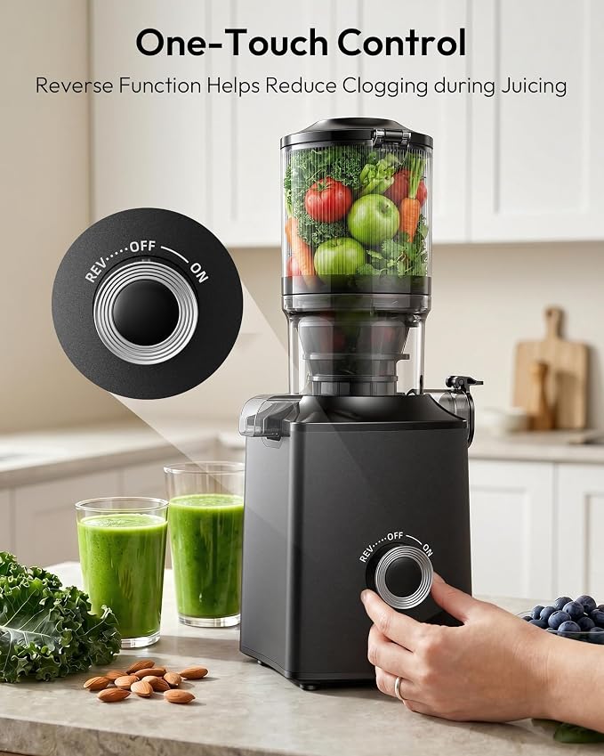 Cold Press Juicer, EUHOMY 5.3" Wide Feed Chute Juice Extractor Machine with 400W, High Juice Yield, Slow Masticating Juicer for Whole Vegetables & Fruits