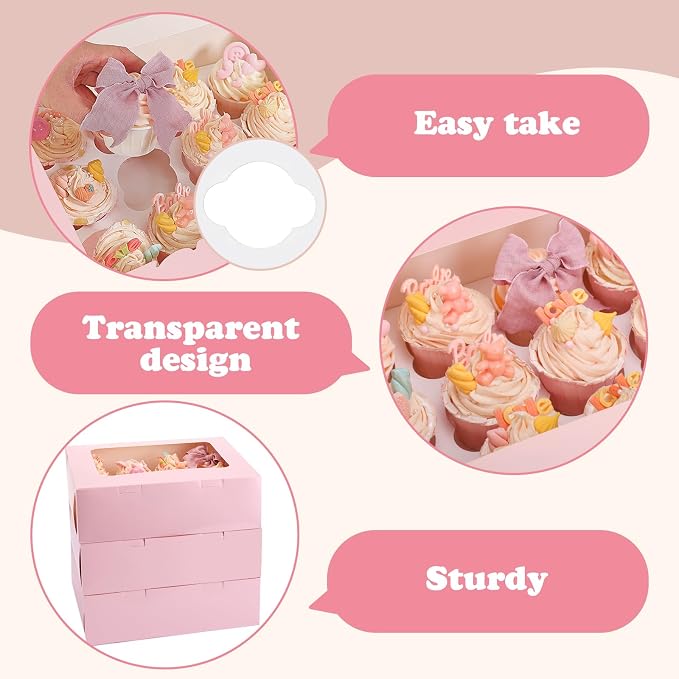 Moretoes 3PCS Cupcake Boxes with Window,Hold 12 Count Cupcake Containers for Cupcakes, Desserts, and More (Pink)