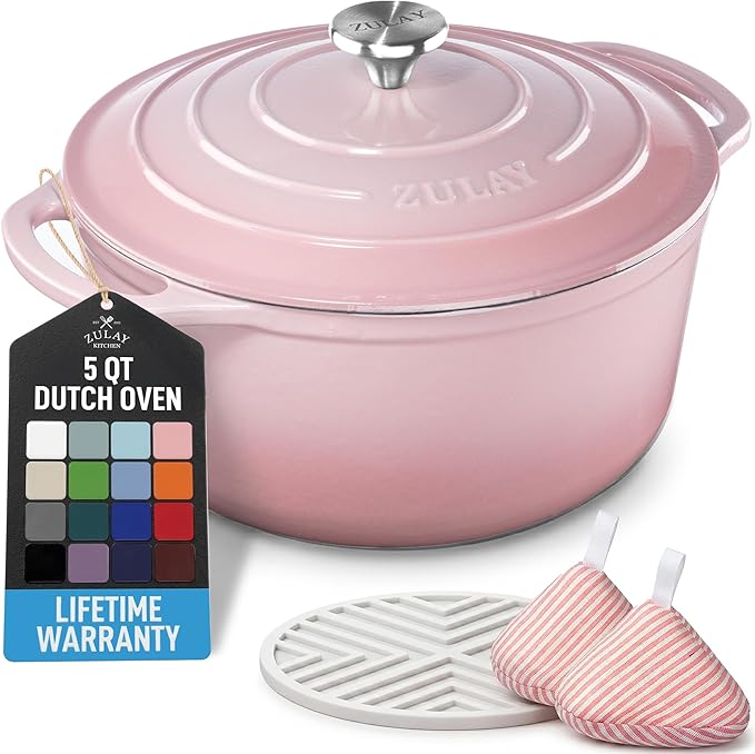 Zulay Kitchen 5 Quart Enameled Cast Iron Dutch Oven Pot with Lid – Premium Durability & Oven Safe up to 500°F – Heavy Duty Cookware Perfect for Bread Baking, Stews, Braising & Roasting – Pink