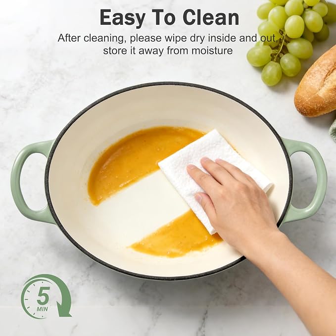 Enameled Dutch Oven Pot with Lid, 7 QT Cast Iron Dutch Oven with Dual Handles, Oval Dutch Oven for Cooking, Bread Baking, Frying, Non-stick Enamel Coated Oven (Pistachio Green)