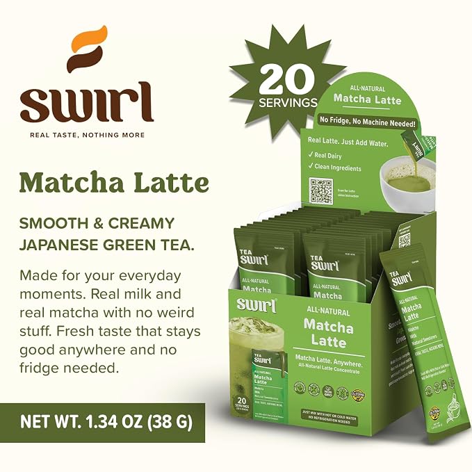 Swirl - Matcha Latte - Smooth, Creamy Japanese Green Tea Milk Blend, Single Serve, Travel Ready, No Refrigeration Required - 38g per pack 20 packets