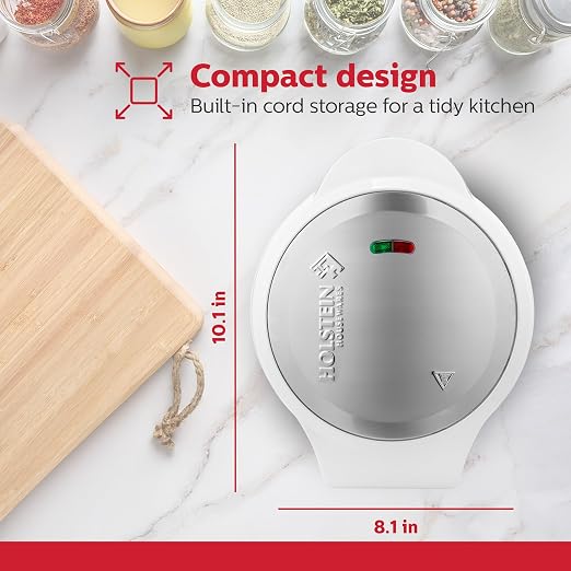 Holstein Housewares Stainless Steel 2 Section Omelet & Frittata Maker, Non Stick Coating, Easy To Clean, Indicator Lights, Compact Storage, Prepare Versatile Recipes in Minutes. 2 Portions, White