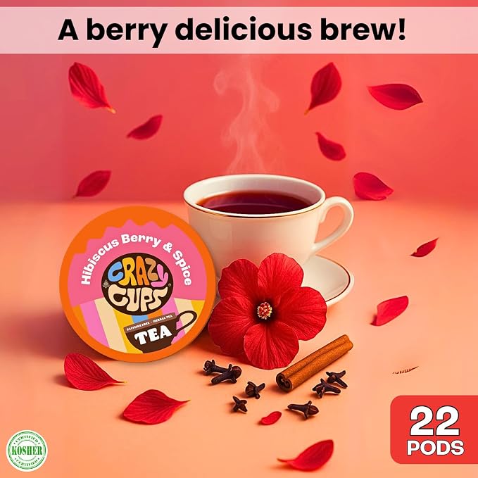 Crazy Cups Hibiscus Berry & Spice Herbal Tea Pods, 22 Count, Kosher Certified, Fruity & Spiced Blend with Cinnamon, Ginger & Clove | K Cup Compatible, Hot or Iced Herbal Tea