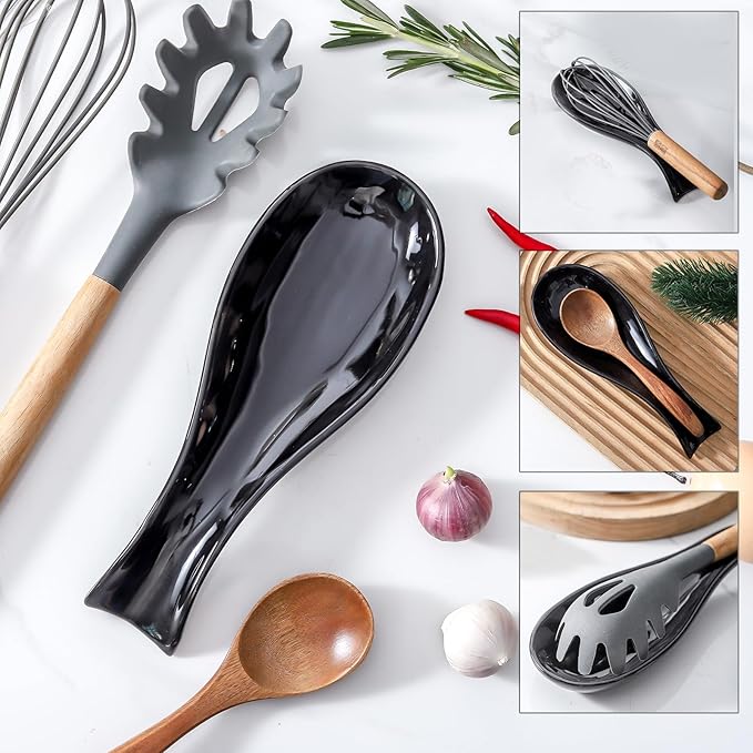 Ceramic Spoon Rest for Stove Top, Large 8.7 Inch Spoon Holder for Kitchen Counter, Porcelain Utensil Rest for Ladle, Spatula, Housewarming Gift, Dishwasher Safe and Heat-Resistant, Black, Set of 2