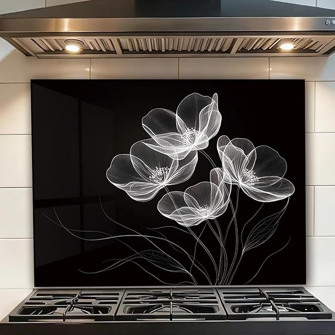 LMSDYSHU Tempered Glass Backsplash for Kitchen, Black line stripes, Frameless, Stove Backsplash Protector for Wall,Easy to Clean, Home Decor (30"x24")