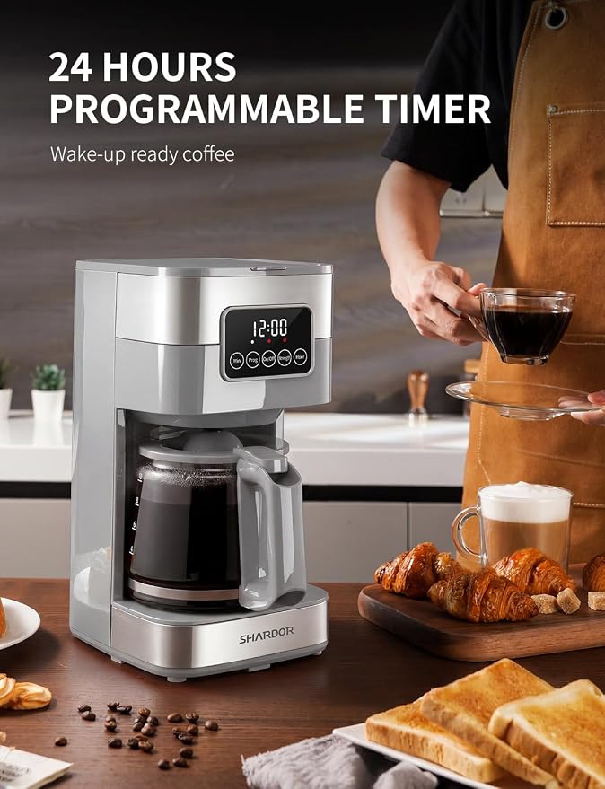 SHARDOR 10-Cup Programmable Coffee Maker, Regular & Strong Brew Drip Coffee Machine for Home and Office, Auto Shut Off, Permanent Filter (gray)