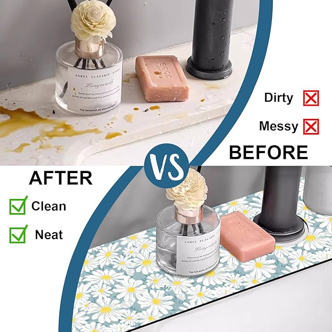 White Flower Sink Faucet Absorbing Mat Cute Chamomile Super Absorbent Fast Drying Mat Sink Gadgets Behind Faucet Sinkmat for Kitchen Bathroom, 23.5"x5.5"