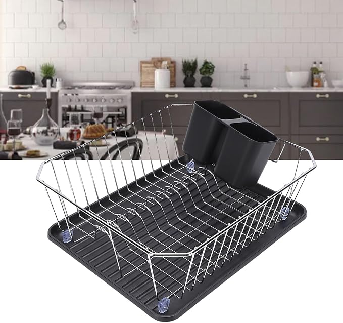 Asixxsix Dish Drying Rack, Stainless Steel Sink Organization and Storage with Utensil Holder and Drainboard, Iron Dish Drainer Rack for Kitchen Counter Sink Spoons and Forks (Silver)
