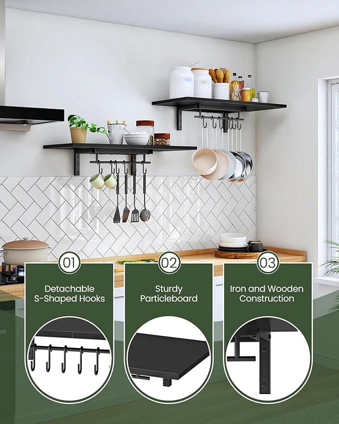 CHOEZON Wall-Mounted Pot Racks, Set of 2 Hanging Pot Rack, Floating Shelves, Wall Shelves, Vintage Pot Hangers for Kitchen, Wall Rack for Kitchen Storage, Black TPR27P2BB
