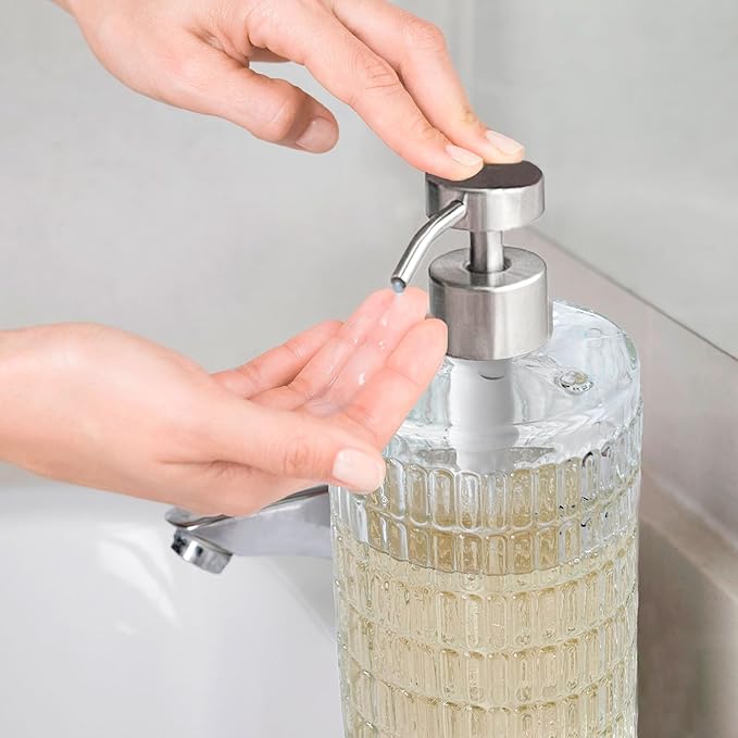 Elegant Fluted Glass Soap Dispenser with Stainless Steel Pump, 17oz Vintage Art Deco Style Clear Ribbed Glass Bottle for Bathroom, Dish Soap Dispenser for Kitchen (Silver Pump)