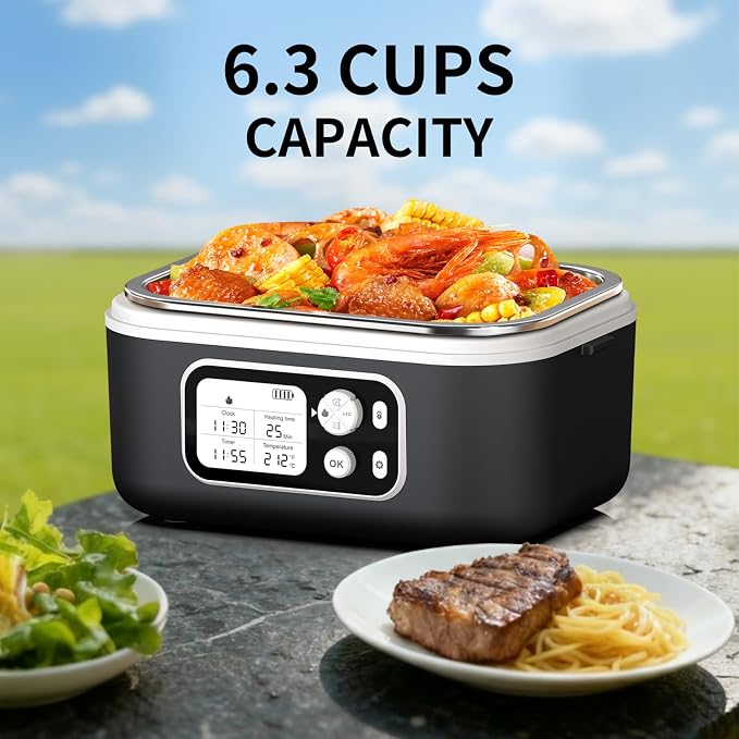 Cordless Electric Heated Lunch Box, 1.5L - 6.3 Cups 100W Rechargeable Smart Self-Heating Food Warmer with Removable Divider, Spoon, Fork, BPA Free, Portable Lunchbox for Car Travel Office Black